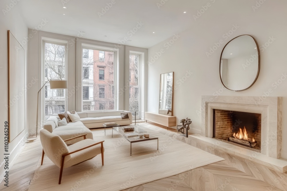 A modern living room with a fireplace, large windows, a white couch and armchair, and a glass coffee table. A modern living room with a fireplace, large windows, a white couch and armchair, and a glass coffee table.