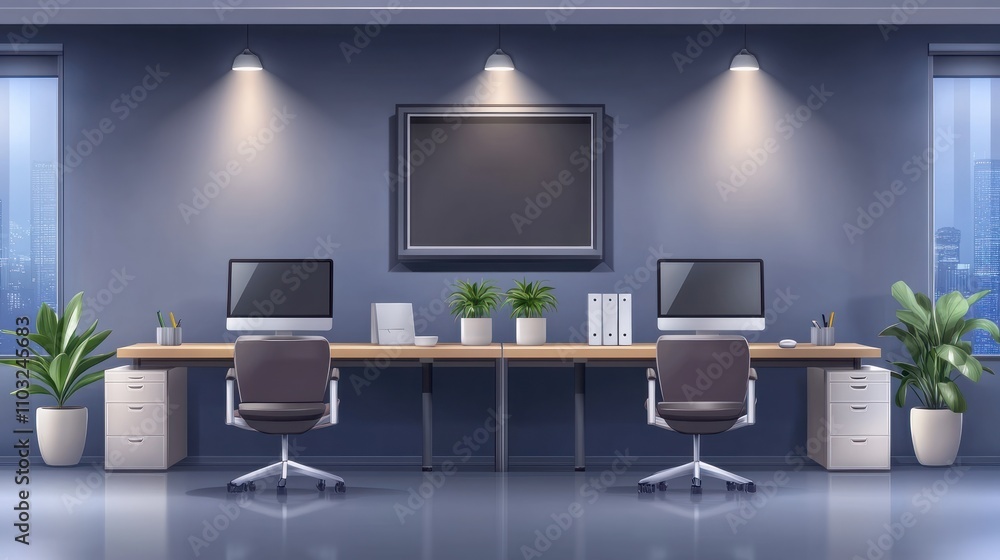 Modern office building workplace interior with computer workstation and modern meeting room. Modern office building workplace interior with computer workstation and modern meeting room.