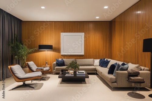 Modern living room with a sectional sofa, two chairs, a coffee table, a plant, and a large framed picture on the wall. The room is lit by recessed lighting and two floor lamps. photo