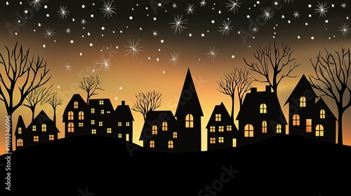 A peaceful black silhouette of small houses on a hill, surrounded by barren trees under a starry night sky, capturing the tranquil and serene atmosphere of a quiet evening in nature.  photo