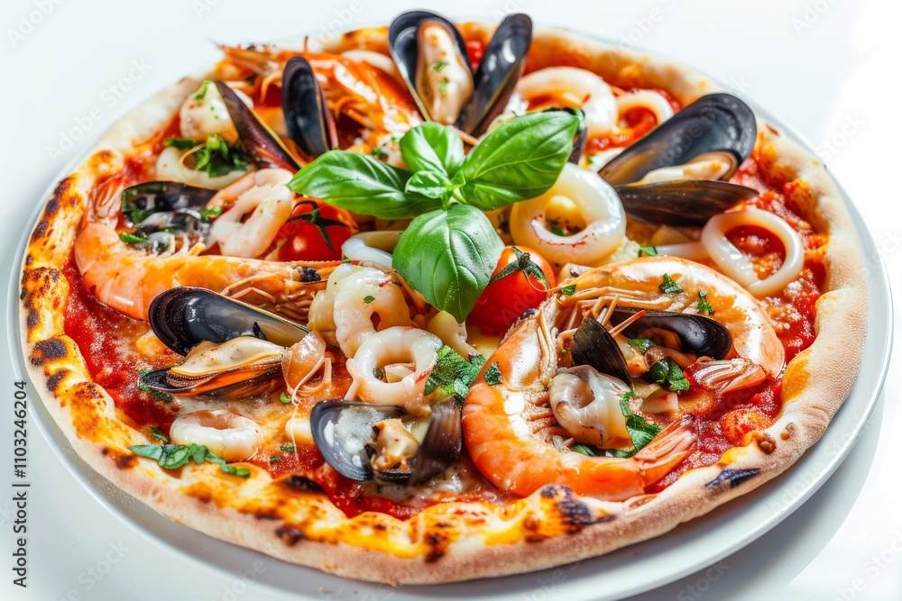 Seafood Pizza, Pizza Ai Frutti Di Mare with Squid Rings, Mussels and Shrimps with Tomato Sauce Seafood Pizza, Pizza Ai Frutti Di Mare with Squid Rings, Mussels and Shrimps with Tomato Sauce