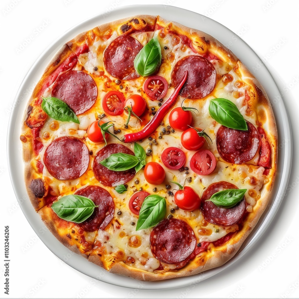 Pepperoni Pizza, Traditional Italian Diabolo Pizza Flatbread on Wood Plate with Salami, Chili Pepper Pepperoni Pizza, Traditional Italian Diabolo Pizza Flatbread on Wood Plate with Salami, Chili Pepper