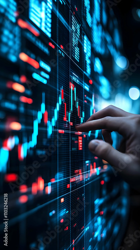 Analyzing Financial Data, A Hand Interacts with Vibrant Stock Market Charts Displayed on a Futuristic Screen, Revealing Dynamic Market Trends.