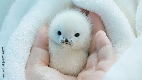 The world's tiniest Harp seal, in the palm of yourhand, feathers so soft and delicate you can almost touchthem. Beautiful, adorable. and cute. photo