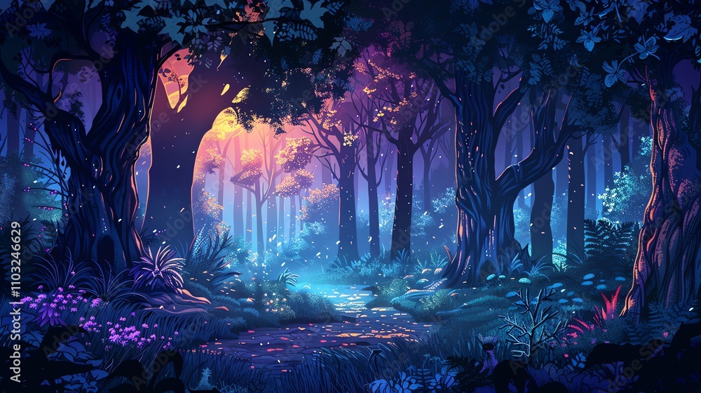 Fototapeta premium A fantasy illustration of a magical forest at night.