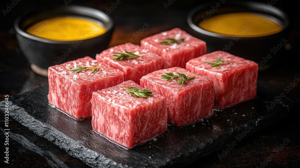A plate of meat with a yellow sauce on the side. The meat is cut into cubes and is surrounded by a black plate A plate of meat with a yellow sauce on the side. The meat is cut into cubes and is surrounded by a black plate