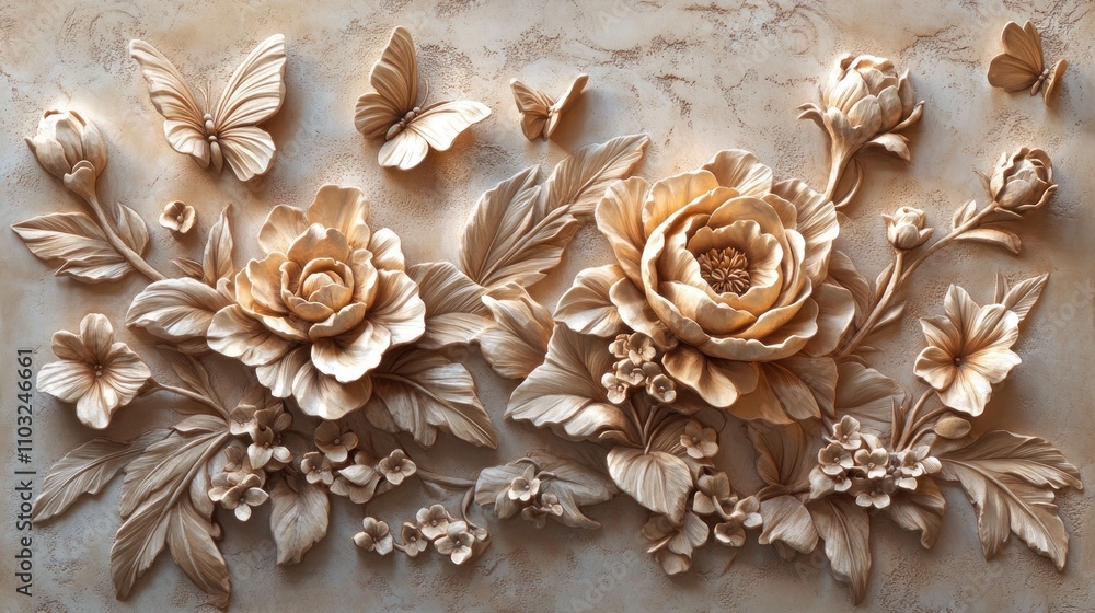 Intricate floral relief with butterflies on a textured background. Intricate floral relief with butterflies on a textured background.
