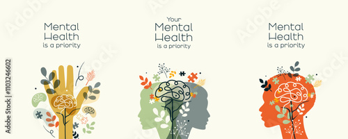 Mental Health icons. Your Mental Health is a priority.