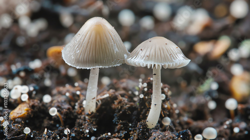 Two small, light orange mushrooms with tan stems are growing on a bed of small, light gray rocks.