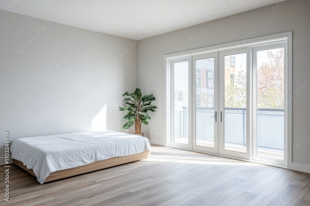 Minimalist bedroom with a large window, a bed with white linens, and a potted plant. Minimalist bedroom with a large window, a bed with white linens, and a potted plant.