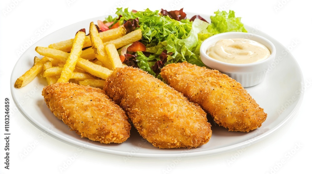 Three chicken fingers on an empty white plate, covered in a golden embrowned coating with fries and salad and a small bowl with mayonnaise, isolated on a white background Three chicken fingers on an empty white plate, covered in a golden embrowned coating with fries and salad and a small bowl with mayonnaise, isolated on a white background