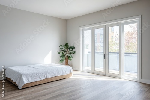 Minimalist bedroom with a large window, a bed with white linens, and a potted plant.