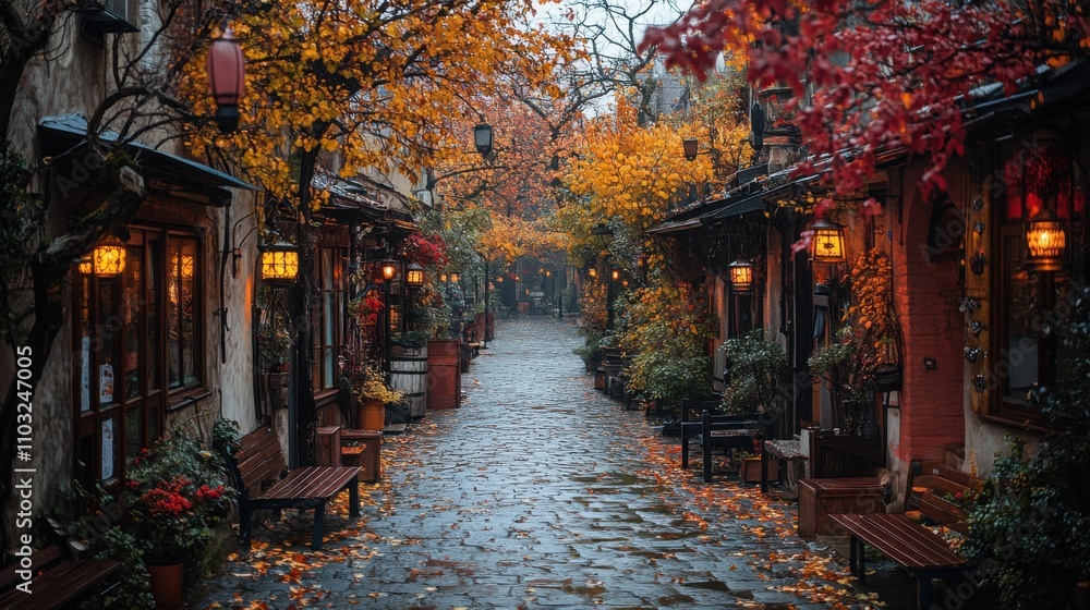 Fototapeta premium Stunning walkway adorned with benches and enchanting lanterns beneath a star-studded night sky