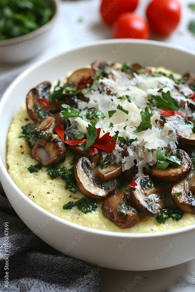 Creamy polenta topped with sautéed mushrooms, Parmesan cheese, and parsley. Creamy polenta topped with sautéed mushrooms, Parmesan cheese, and parsley.