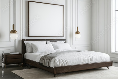 Minimalist bedroom interior with a large bed, a wooden bedside table, and a white wall with a large framed picture, perfect for showcasing your artwork or design.