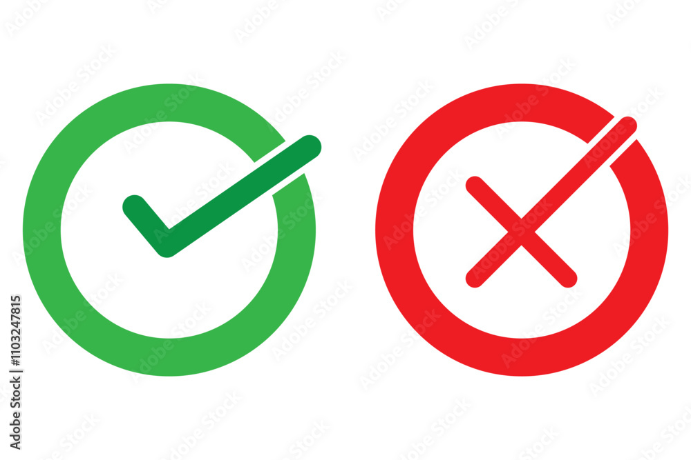Green check mark and red cross icon.Set of simple icons in flat style: Yes-No, Approved-Disapproved, Accepted-Rejected, Right-Wrong, Correct-False, Green-Red, Ok-Not Ok. Vector illustration Green check mark and red cross icon.Set of simple icons in flat style: Yes-No, Approved-Disapproved, Accepted-Rejected, Right-Wrong, Correct-False, Green-Red, Ok-Not Ok. Vector illustration