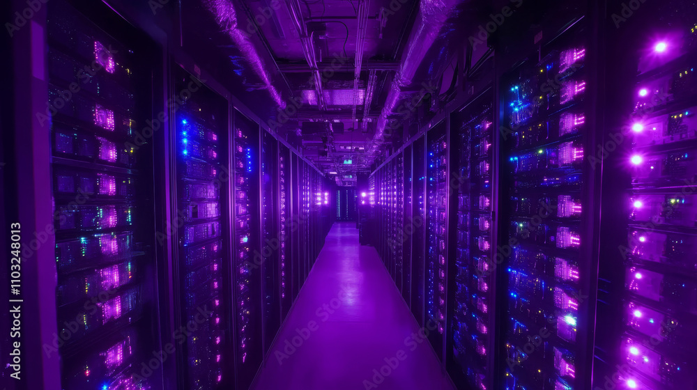 Data center or server room with servers of information cloud storage. Dark datacenter with light of data signals. Technology of computer warehouse of data. Hosting service conceptual tech background. Data center or server room with servers of information cloud storage. Dark datacenter with light of data signals. Technology of computer warehouse of data. Hosting service conceptual tech background.