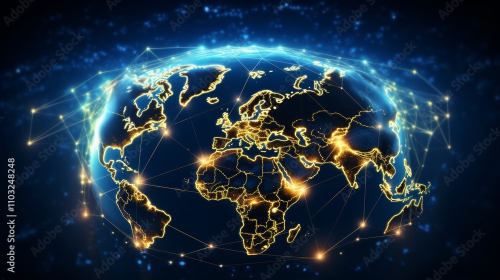 Futuristic world map illustrating global connectivity and technology with earth on a blue background Futuristic world map illustrating global connectivity and technology with earth on a blue background