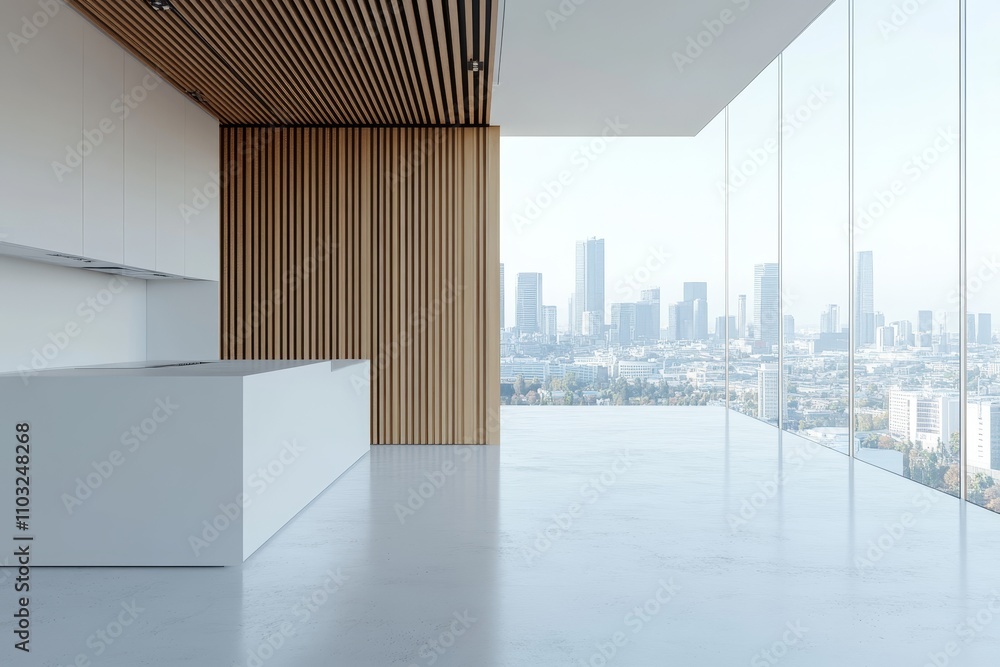 Modern kitchen with panoramic city view, featuring white countertops and wooden wall panels. Modern kitchen with panoramic city view, featuring white countertops and wooden wall panels.