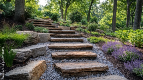 Stone steps connect garden paths, surrounded by vibrant green ground cover and plants, creating a tranquil outdoor space on a sunny day.