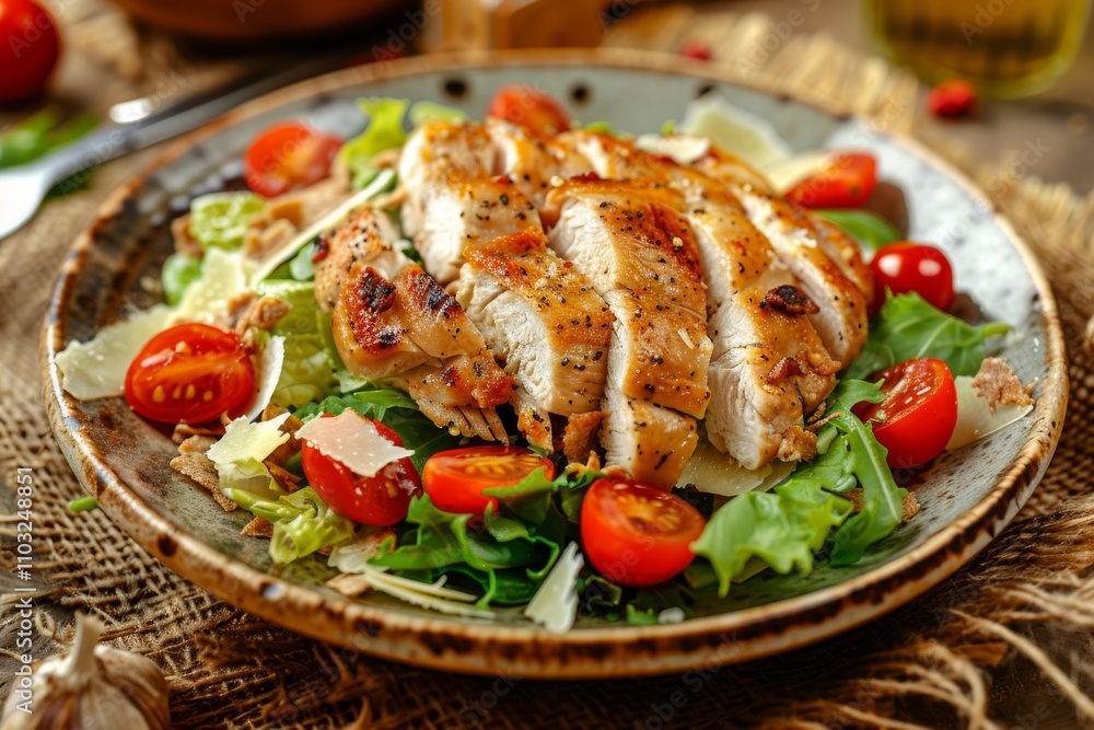Caesar Salad with Roasted Chicken Breast, Croutons, Cherry Tomatoes and Grated Parmesan Cheese Caesar Salad with Roasted Chicken Breast, Croutons, Cherry Tomatoes and Grated Parmesan Cheese