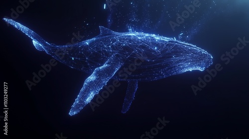 Abstract Humpback Whale on Dark Blue Background, Highlighting Low Poly Wireframe, Glowing Lines, and Particles for a Contemporary Digital Look.