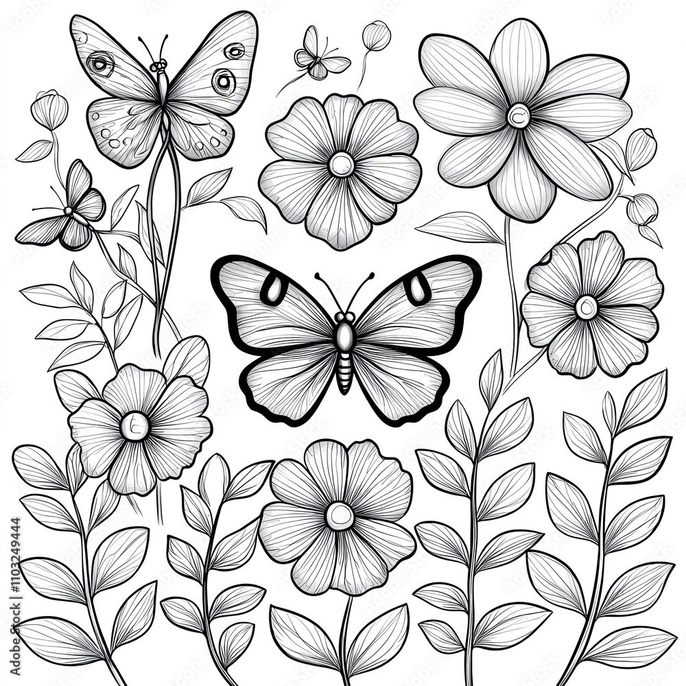 Obraz premium Doodle line water color Stylized flowers and butterflies illustration.
