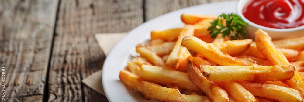 Fries or French Fries with Tomato Sauce, Sweet Potato Finger Chips, Golden French-Fried Potatoes Fries or French Fries with Tomato Sauce, Sweet Potato Finger Chips, Golden French-Fried Potatoes