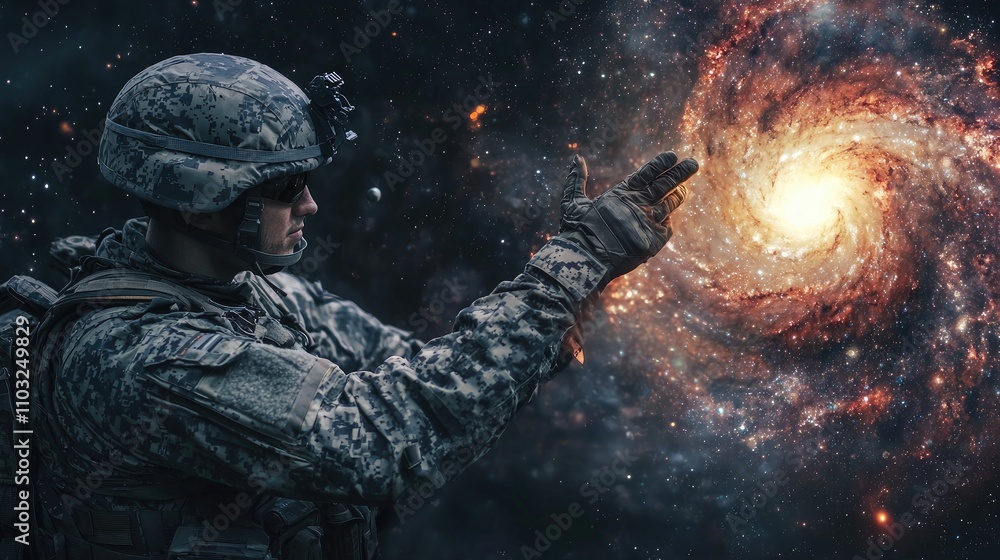 young looking militia soldier reaching out from a black hole to touch a galaxy young looking militia soldier reaching out from a black hole to touch a galaxy
