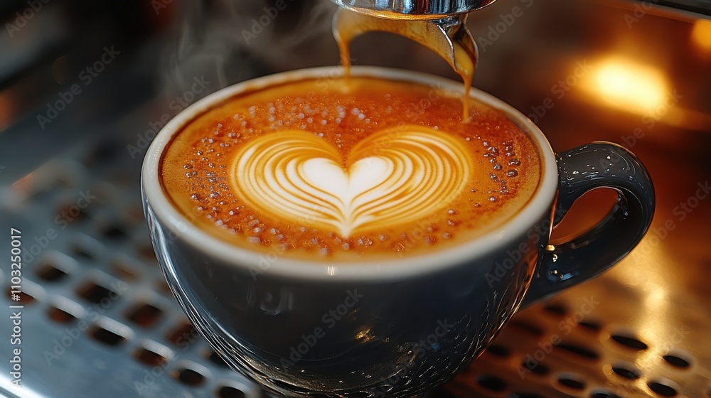 Steaming hot cappuccino with heart-shaped latte art, cozy and creamy, captured in a detailed close-up Steaming hot cappuccino with heart-shaped latte art, cozy and creamy, captured in a detailed close-up
