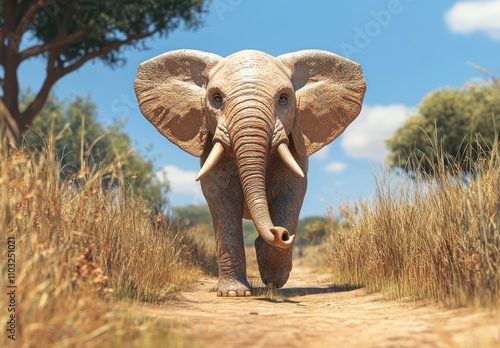 Here's a possible  and keyword list for your stock photo.. Majestic African elephant walking towards the camera on a dirt path in the savanna. photo