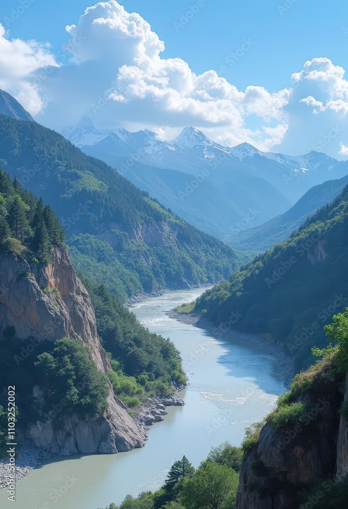 River Gorge, Mountain Vista, Snow-capped Peaks River Gorge, Mountain Vista, Snow-capped Peaks
