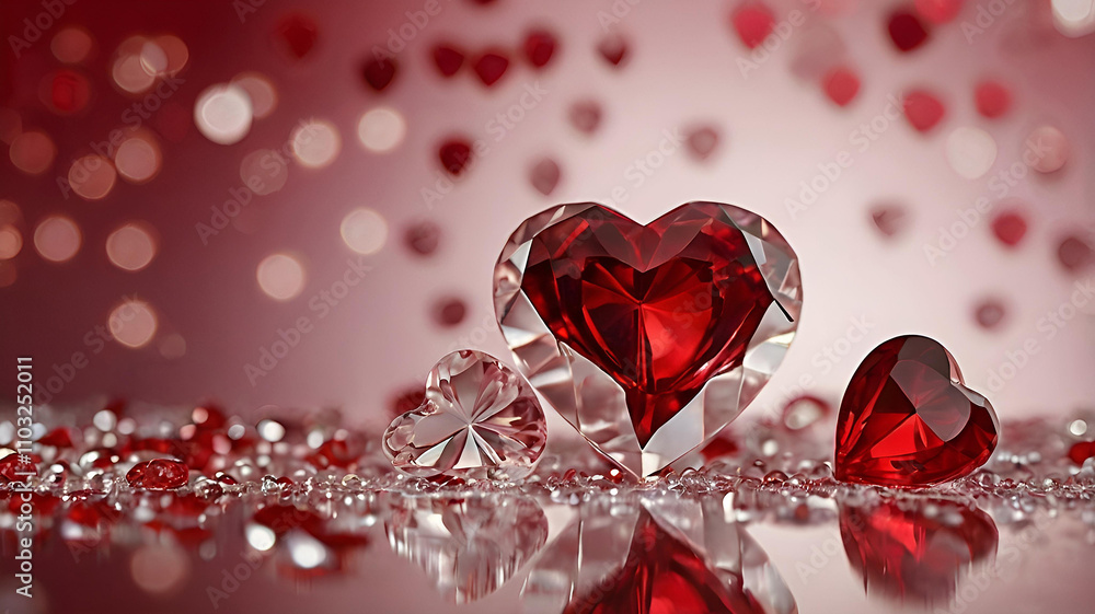 A banner for Valentine's Day. Crystal red hearts with festive lights in the form of a side in the background. A mock-up of an invitation card for a Valentine's Day party, a place to copy. A banner for Valentine's Day. Crystal red hearts with festive lights in the form of a side in the background. A mock-up of an invitation card for a Valentine's Day party, a place to copy.