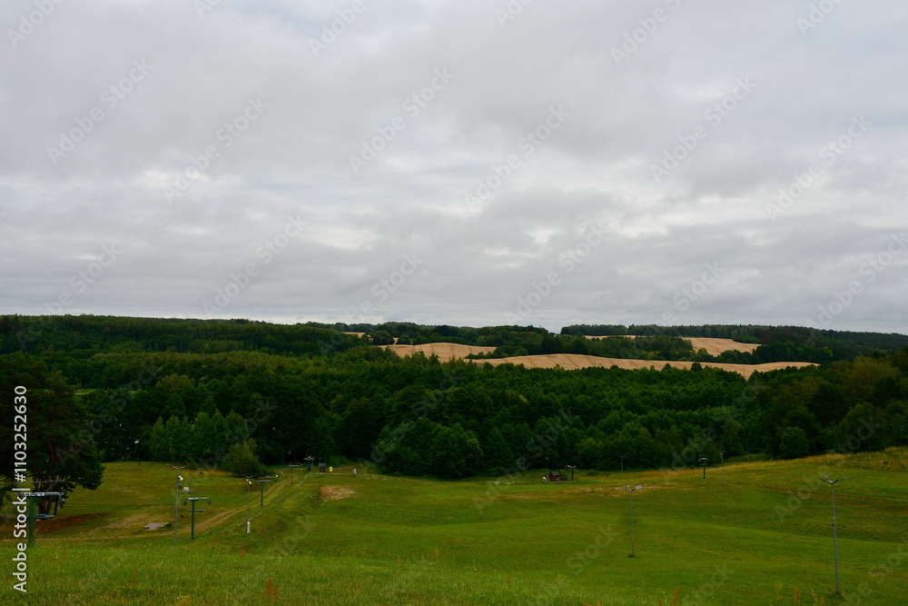 A view of a hill or mountain covered from all sides with grass, reeds, forests, and moors, located next to a vast river or lake, meadows, as well as having a view on nearby villages and towns A view of a hill or mountain covered from all sides with grass, reeds, forests, and moors, located next to a vast river or lake, meadows, as well as having a view on nearby villages and towns