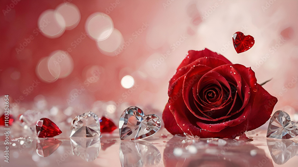 A banner for Valentine's Day. Crystal red hearts with festive lights in the form of a side in the background. A mock-up of an invitation card for a Valentine's Day party, a place to copy. A banner for Valentine's Day. Crystal red hearts with festive lights in the form of a side in the background. A mock-up of an invitation card for a Valentine's Day party, a place to copy.