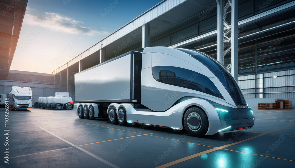 Futuristic Truck in Front of High-Tech Logistics Warehouse Futuristic Truck in Front of High-Tech Logistics Warehouse