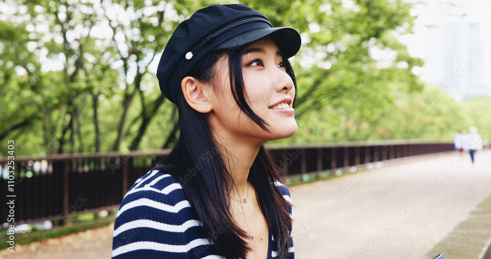 Japanese, woman and thinking as tourist outdoor for travel decision, sightseeing and bridge view in city. Girl, thoughts and hat with morning commute, abroad tourism and destination planning in Japan Japanese, woman and thinking as tourist outdoor for travel decision, sightseeing and bridge view in city. Girl, thoughts and hat with morning commute, abroad tourism and destination planning in Japan