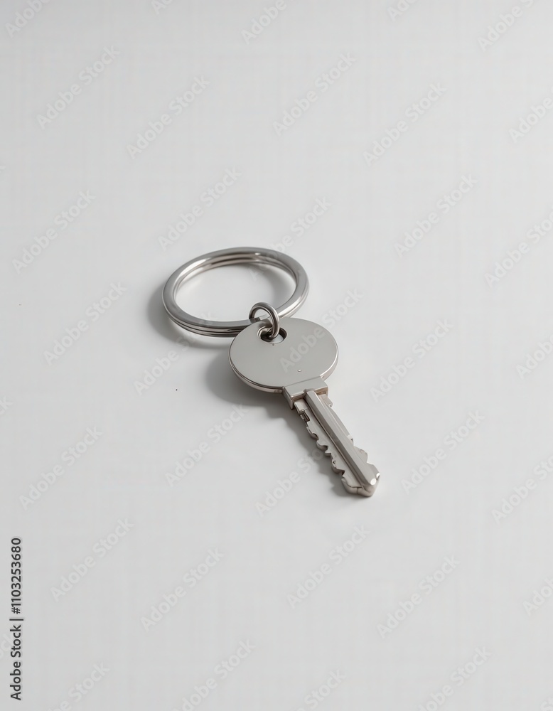 Silver Key with Ring on White Background Silver Key with Ring on White Background