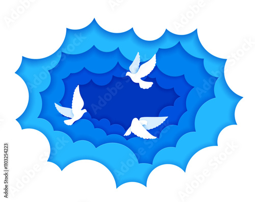 White pigeon dove paper cut birds in clouds. World Peace Day, freedom and christian religion concept with vector 3d doves flying in blue sky. Pigeon birds in paper cut frame with wavy layered borders