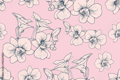 Orchid flowers seamless pattern abstract background.Vector illustration hand drawing. For Fabric, textiles, clothing, wallpaper, pattern print design.