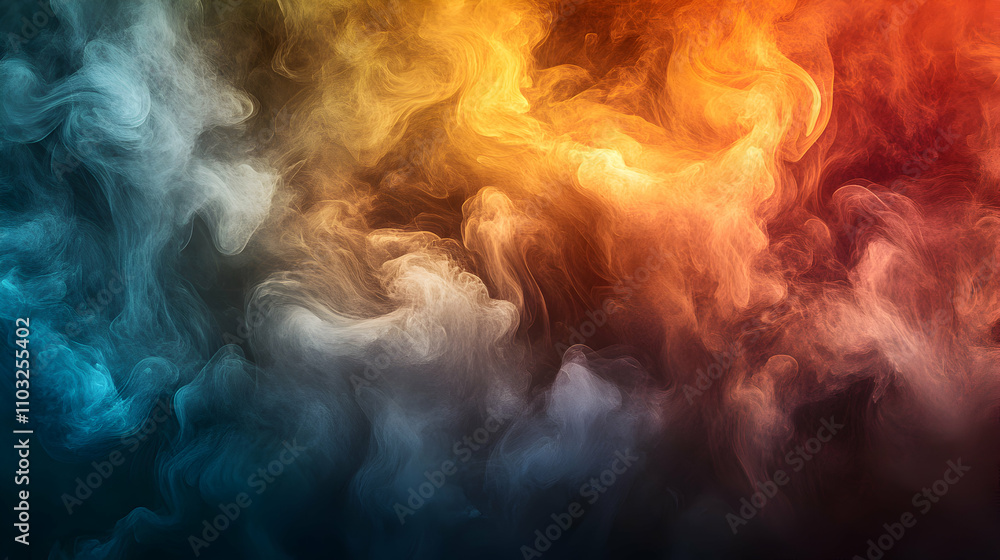 Fototapeta premium Abstract Smoke Background, Swirling Hues of Orange, Blue, and White in a Dynamic Composition