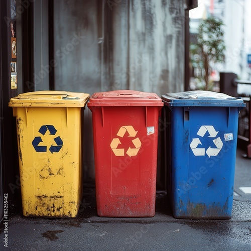 Three colorful recycling bins in urban setting, promoting eco-friendly waste management and environmental conservation.