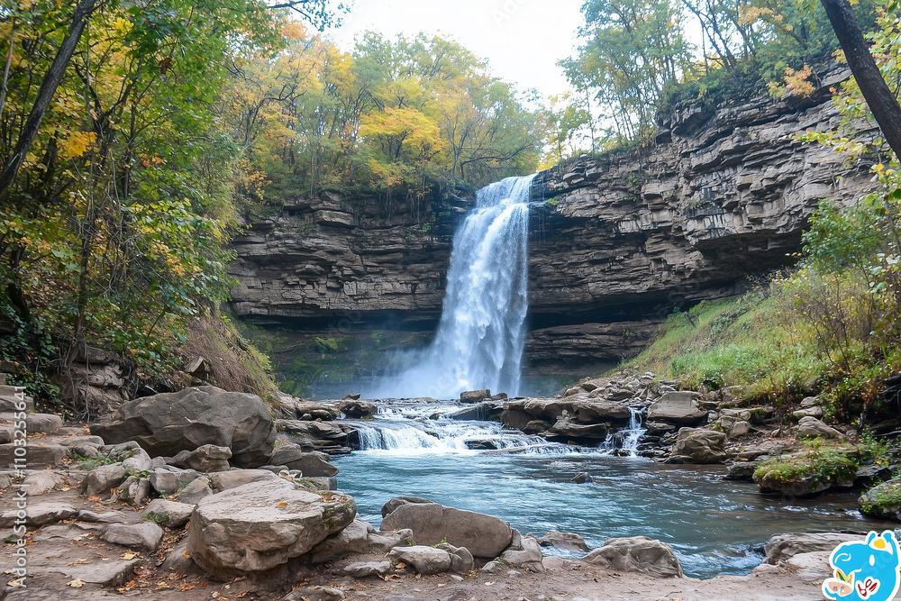 Fototapeta premium Autumn Cascade: A Waterfall Amid Vibrant Fall Foliage
