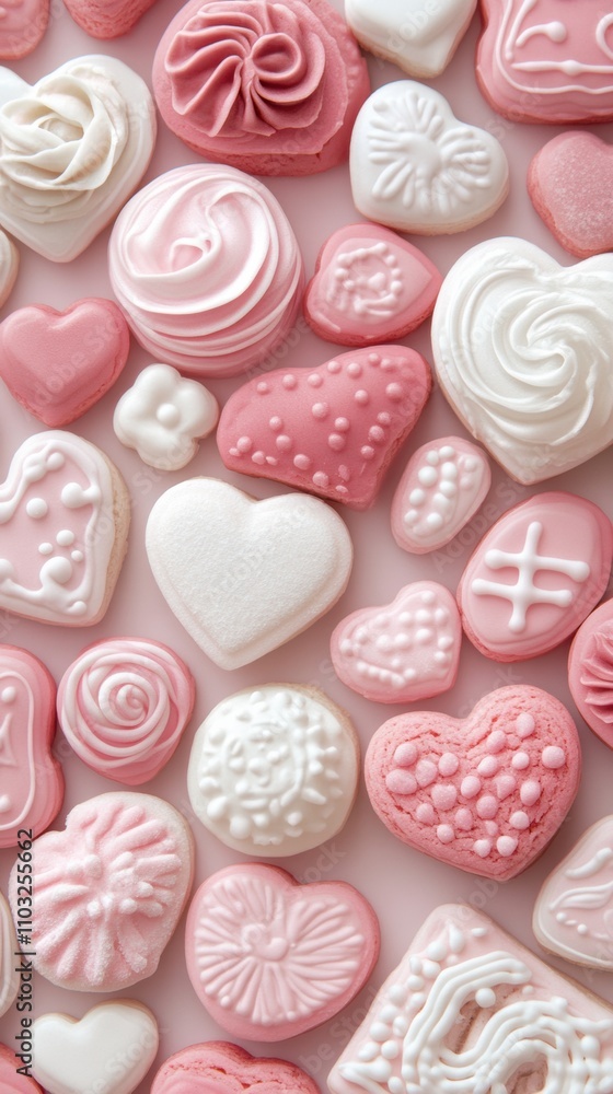 Heart-shaped cookies in pink and white create a sweet and romantic display, AI Heart-shaped cookies in pink and white create a sweet and romantic display, AI