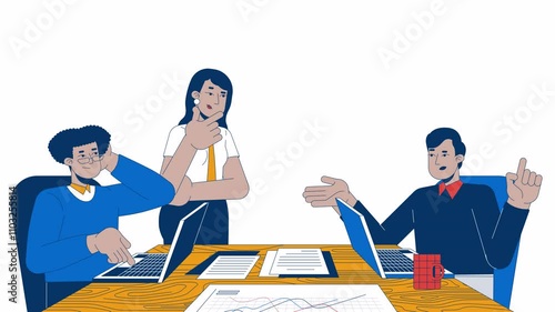 Diverse colleagues discussing cartoon animation. Coworker talking, woman leader nodding 4K video motion graphic. Female manager listening employee animated 2D characters isolated on white background