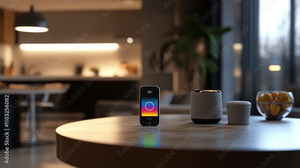 Smartphone with digital logo smart home stand at iot icons. Smart phone controls devices of smart home via wireless connection and voice commands. Internet of things concept.