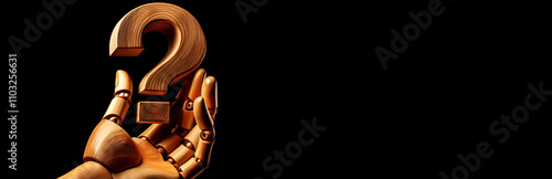 Extreme closeup of a wooden hand (jointed wooden hand of a mannequin), holding a wooden question mark, isolated on a black background with copy space. Q and A concept, blank wide banner. Generative Ai