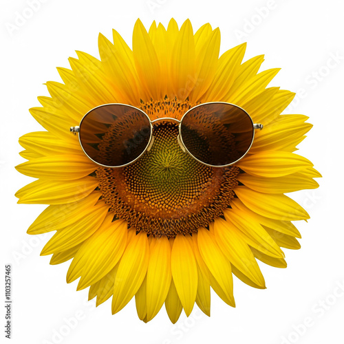Sunflowers with Sun Glasses. Isolated sunflower with sunglasses and a happy face. Beauty, Blossom, Agriculture