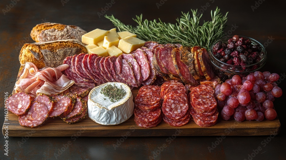 Gourmet charcuterie board with fine cheeses, cured meats, and fresh fruits, high-definition image Gourmet charcuterie board with fine cheeses, cured meats, and fresh fruits, high-definition image
