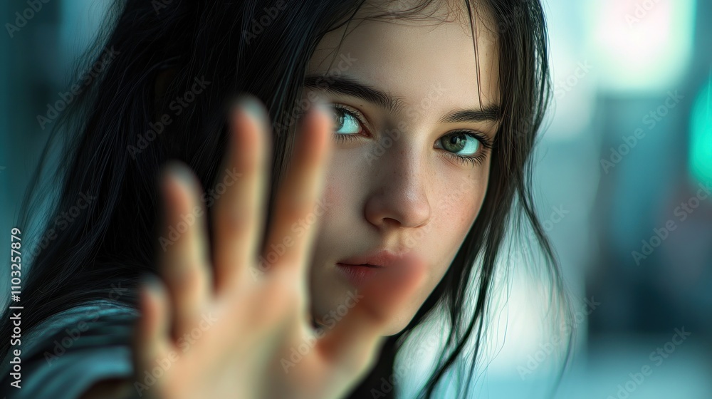 Mysterious Gaze: A Girl's Cautious Stance Mysterious Gaze: A Girl's Cautious Stance